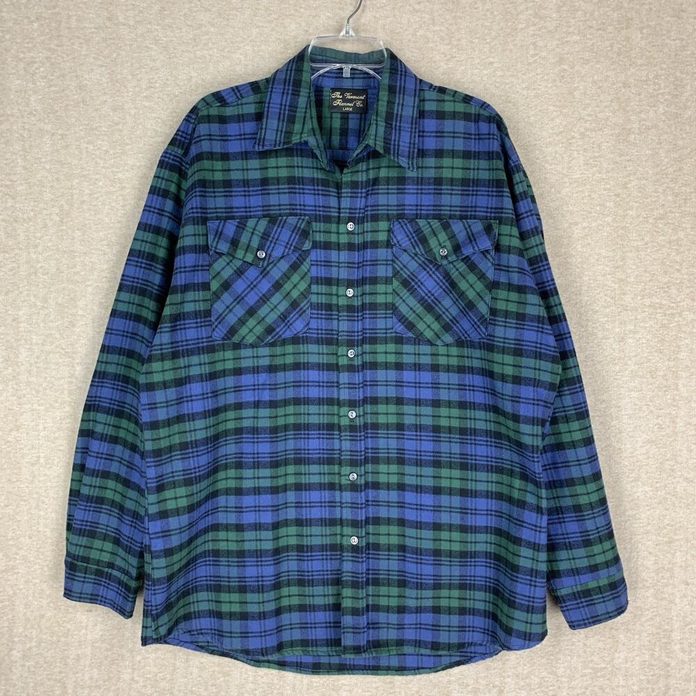 The Vermont Flannel Co Shirt Mens Large Blue Plaid Button Up Flannel USA Heavy